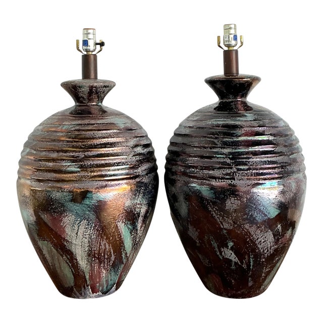 Vintage Glazed Metallic Ceramic Lamps - Set of 2 For Sale