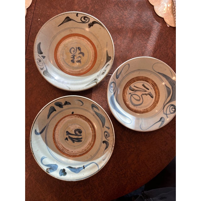 Chinese Antique 16th C Chinese Export Blue White Fu Character Stoneware Dishes - Set of 3 For Sale - Image 3 of 10