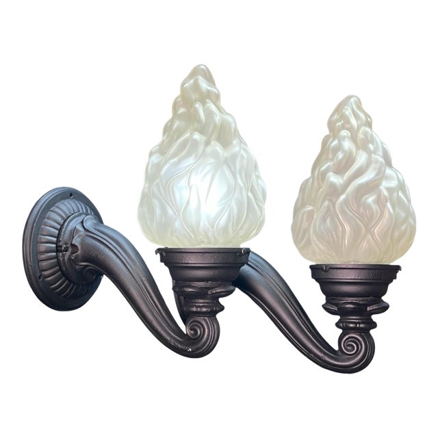 1910s Curved Arm Exterior Sconces With Antique Flame Shades #2552 For Sale