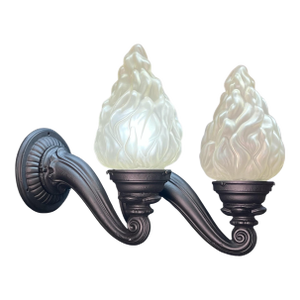 1910s Curved Arm Exterior Sconces With Antique Flame Shades #2552