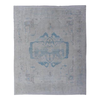 Modern Turkish Oushak Large Medallion Rug in Light Blue and Cream For Sale