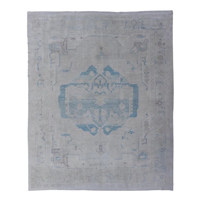 Modern Turkish Oushak Large Medallion Rug in Light Blue and Cream For Sale