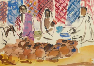 Stephane Magnard, French Watercolor - Village Vendors at the Outdoor Market