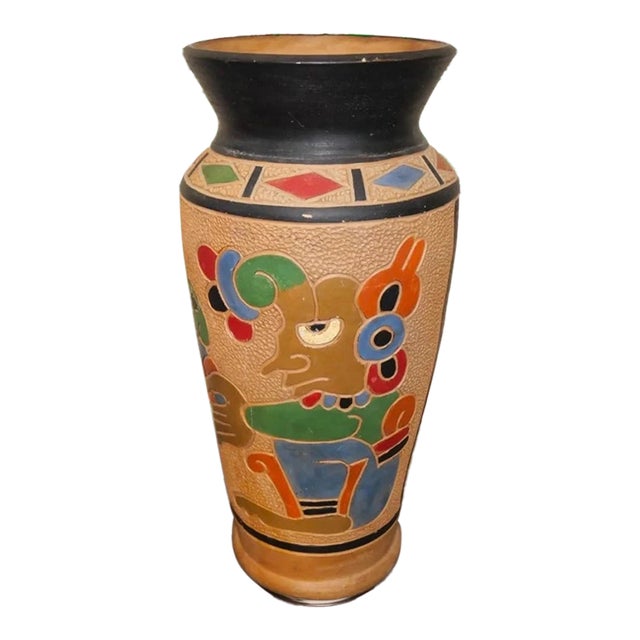 Vintage 1960s Guatemalan Mid Century Modern Clay Aztec Motifs Baluster Vase For Sale