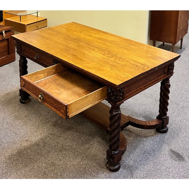 Solid Oak Library Table With Drawers C 1900 For Sale - Image 10 of 10