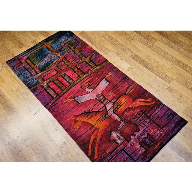 Vintage Mid-Century Tapestry, Handwoven Wool, Folkloric Rider Design, 40" X 86" For Sale - Image 4 of 15