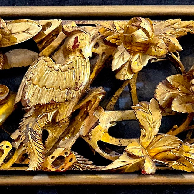Late 19th Century Antique Chinese Gilt Wood Carving of Birds and Flowers For Sale - Image 5 of 14