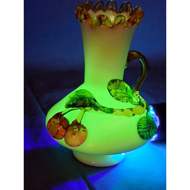 Antique Stevens & Williams Uranium Custard Glass Vase Applied Fruit Cherries 5" C. 1880 For Sale - Image 18 of 18