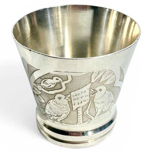 Art Deco Antique French Art Deco Silver Plate Small Cup or Matchstick Holder With Engraved Songbirds For Sale - Image 3 of 7