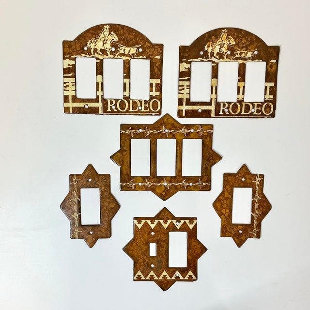 We love these Southwestern American Rodeo style metal Light switch and socket covers. The set of six feature two Rodeo...