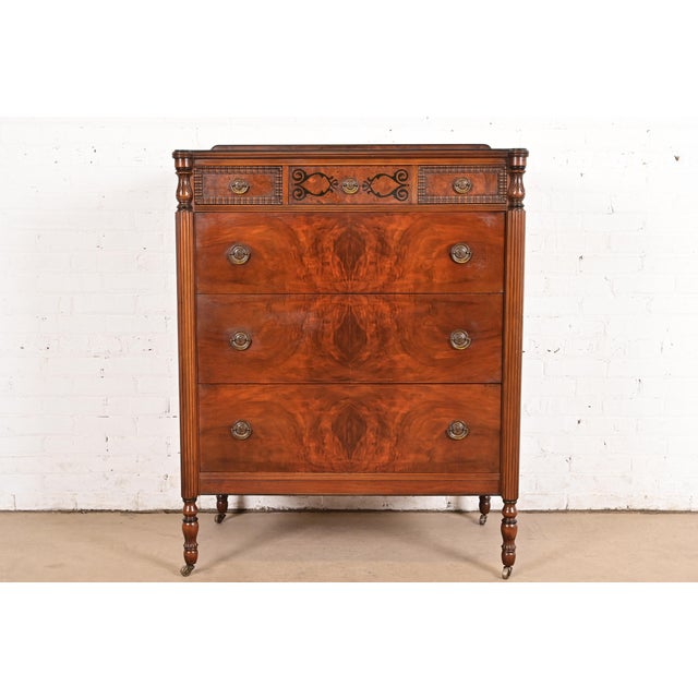 Berkey & Gay Style Antique French Regency Louis XVI Carved Burled Walnut Highboy Dresser, Circa 1920s For Sale - Image 15 of 15