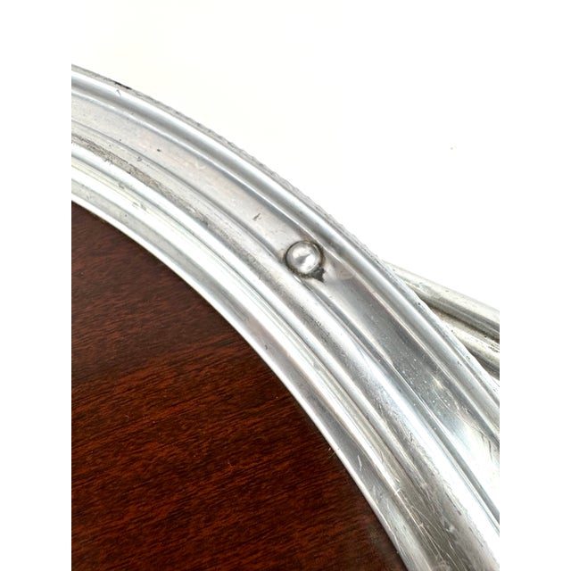 Vintage Large Round Mahogany & Silverplate Serving Tray With Twisted Handles For Sale - Image 9 of 11