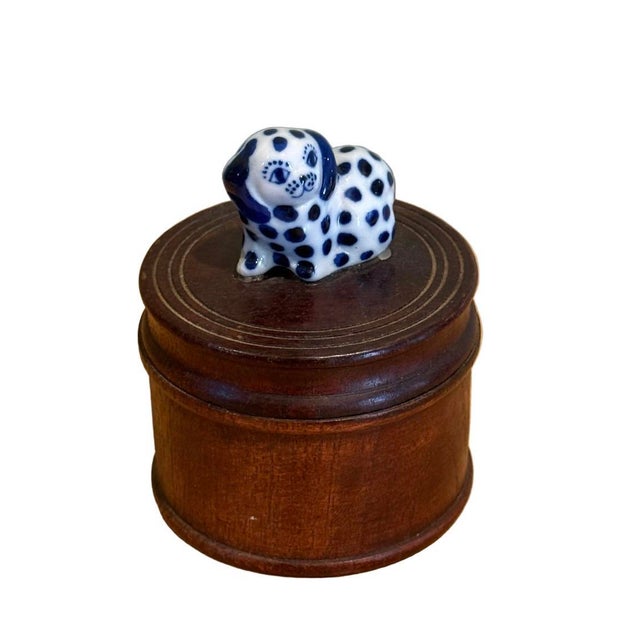 Brown Late 20th Century Thai Turned Wood Trinket Box With Blue & White Ceramic Dog Finial For Sale - Image 8 of 9