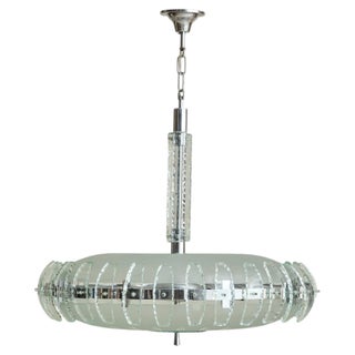 Italian Glass + Chrome Chandelier in the Manner of Fontana Arte, 1960s For Sale