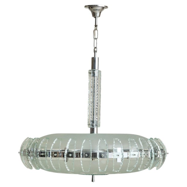 Italian Glass + Chrome Chandelier in the Manner of Fontana Arte, 1960s For Sale