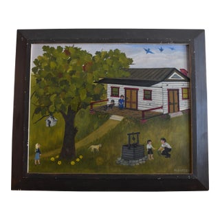 1970s Folk Art Farmhouse Landscape Scene Framed Oil on Canvas by H. Burger For Sale