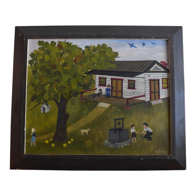 1970s Folk Art Farmhouse Landscape Scene Framed Oil on Canvas by H. Burger For Sale