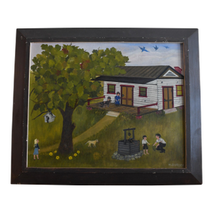 1970s Folk Art Farmhouse Landscape Scene Framed Oil on Canvas by H. Burger