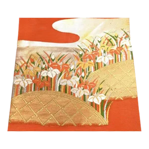 Mid Century Japanese Silk Obi for Kimono Coral Orange Gold Threads Iris Flowers Woven