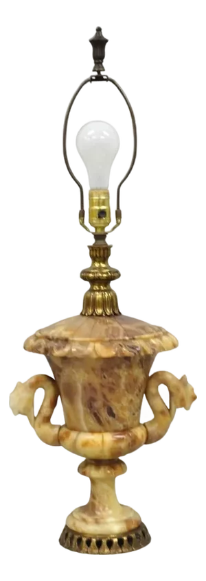 Vintage Italian Neoclassical Style Carved Alabaster Trophy Cup Urn Table Lamp