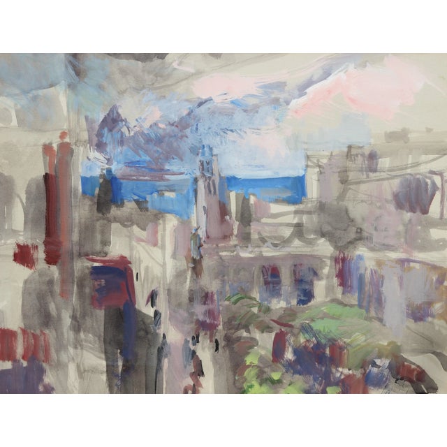 John Guerin abstract watercolor cityscape painting that incorporates hues of grey, blue, purple, and red. Signed by the...