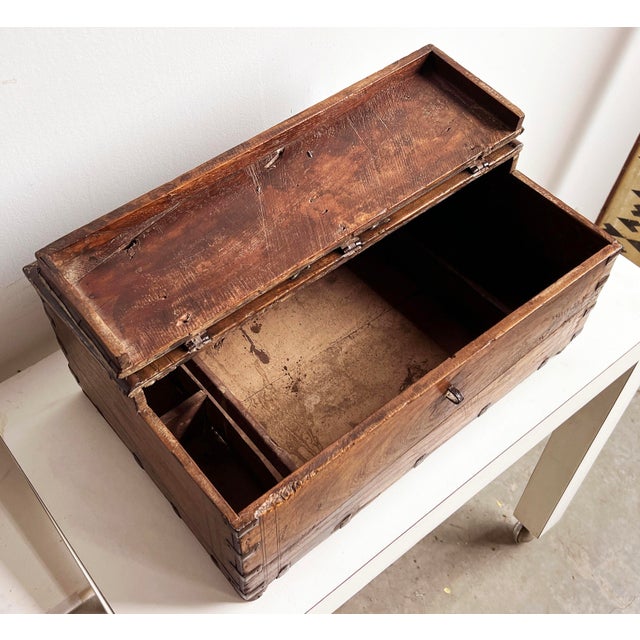 Antique 18th C. Indian Teak 18" Dowry Chest / Box With Iron Strapping and Brass Detailing For Sale In Providence - Image 6 of 12