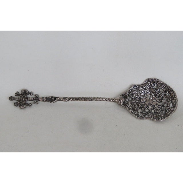 Italy Ornate Silvertone Straining Spoon Decorative Floral Cherub Motif 5143b For Sale - Image 9 of 12