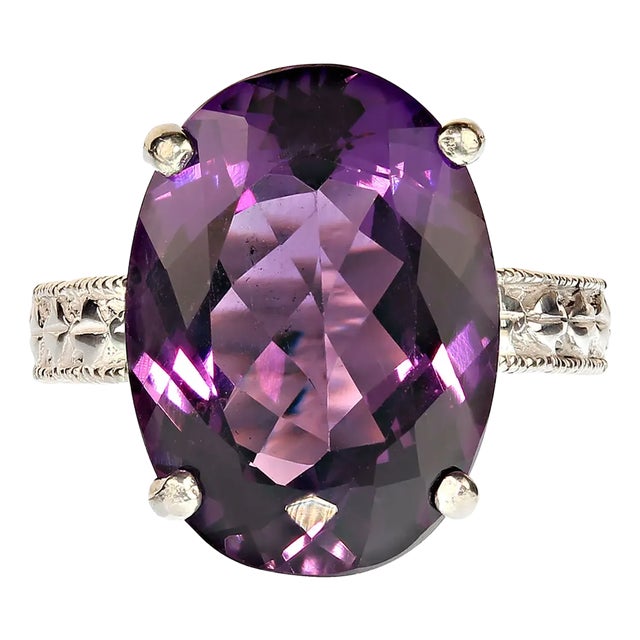 Oval Amethyst in Sterling Silver Engraved Ring For Sale
