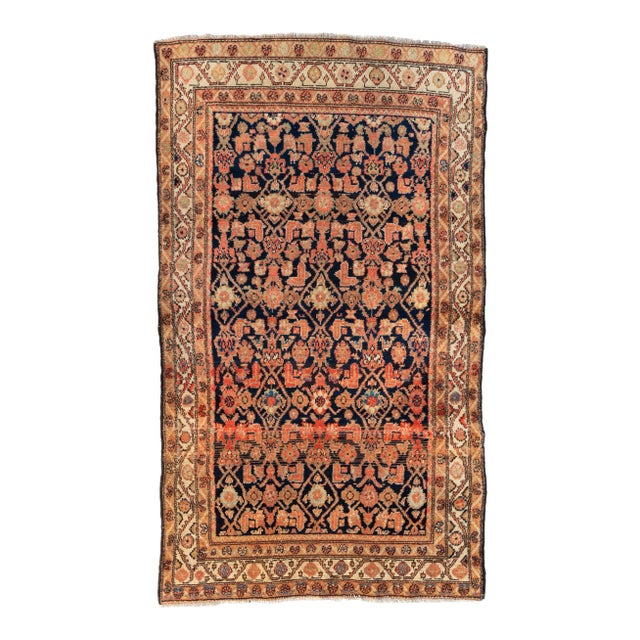 1940s Ivory Navy Blue Brown Tribal Persian Hamedan Rug For Sale