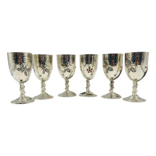 1980s Set of 6 Emilia Castillo Silver-Plated Goblets With Stone Inlay For Sale