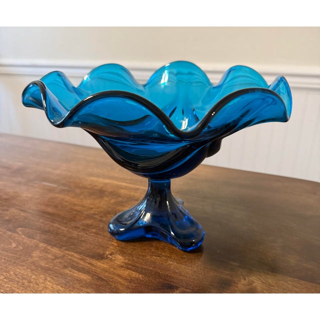 Viking Art Glass Bluenique Epic Three Footed Compote For Sale - Image 6 of 12