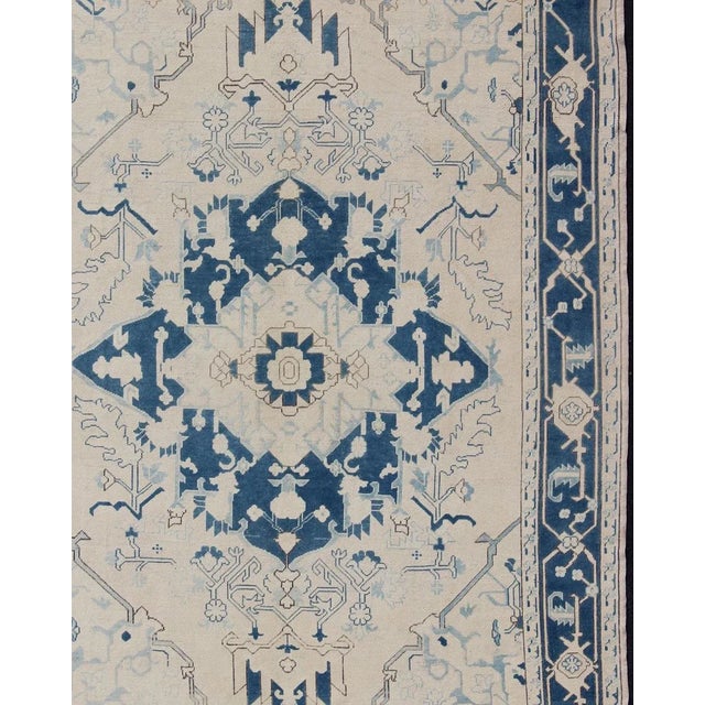 Blue and Ivory Floral Vintage Turkish Oushak Rug With Blossoming Medallion For Sale - Image 4 of 12