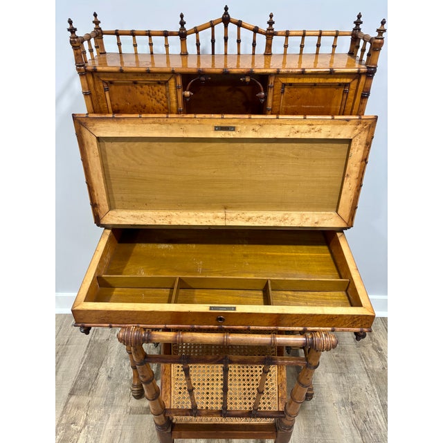 Late 20th Century Aesthetic Movement Faux Bamboo Bird's-Eye Maple Secretary Desk & Original Chair Attributed to r.j. Horner For Sale - Image 10 of 17