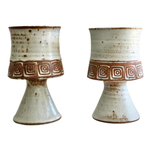 1960s Los Artesanos Puerto Rico Stoneware Goblets Pair, Hal Lasky Mid Century Pedestal Cups, Sgraffito Ceramic - a Pair