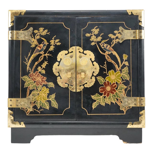 Late 20th Century Hand Painted Black Lacquer Chinoiserie Cabinet For Sale