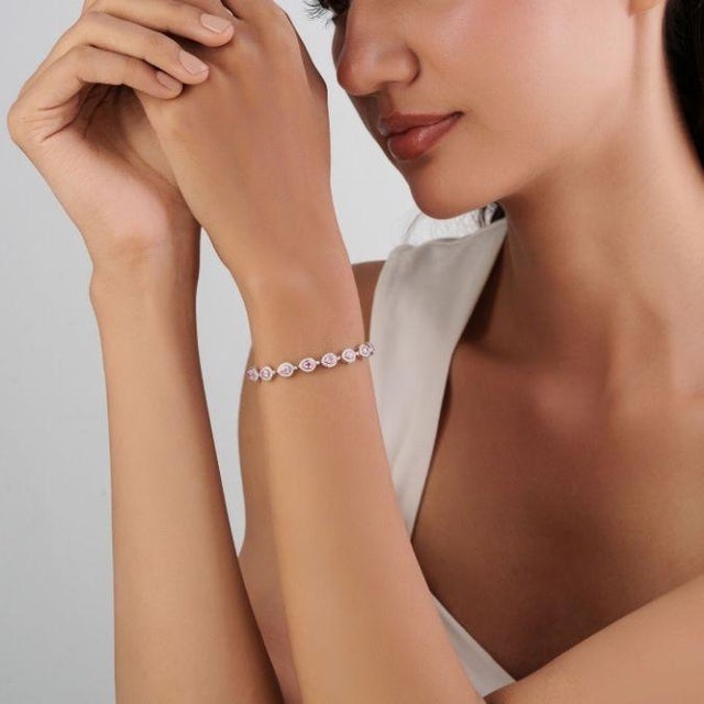 Pink 14k Gold Pear Cut 2.74ct Pink Sapphire & Diamond Byzantine Tennis Bracelet For Sale - Image 8 of 17