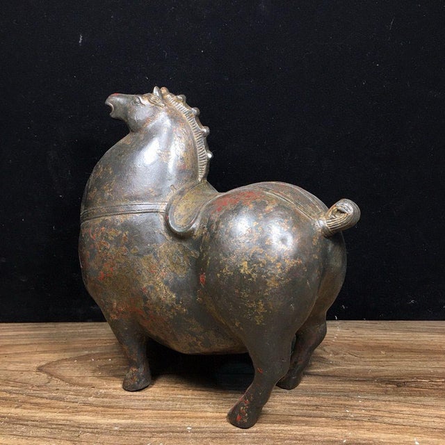 Traditional Antique Bronze Tang Style Horse Sculpture – 6.5" Gilt & Red Pigment Figure For Sale - Image 3 of 9