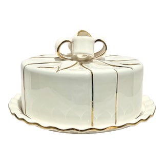 Vintage Portuguese Ceramic Cake Dome & Plate – Gift Box Bow Lid – White W/ Gold Trim For Sale