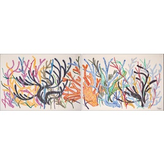 2025, Coral Horizon, Horizontal Diptych of Biomorphic Marine Corals and Shapes, Gouache Crayon on Watercolor Paper by Romina Milano For Sale