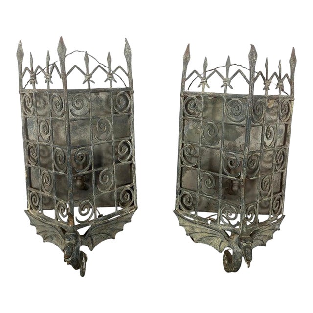 Pair of Gothic Revival Metal Iron Dragon Sconces For Sale