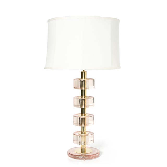 Pair of beautiful blush pink Murano glass and brass lamps. Perfect for the bedroom or living space. These are newly made,...