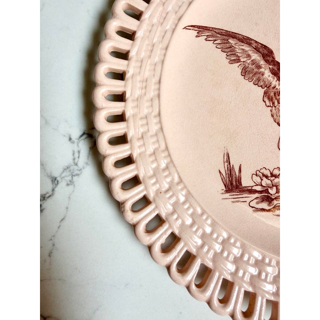 Pink Pair of Longwy "Marly" Earthenware Plates With Brown and Blue Transferware and a Pierced Basketweave Border For Sale - Image 8 of 9