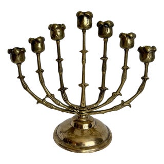 1960s Brass Rosebud Menorah With Adjustable Rotating Branches For Sale