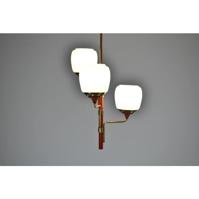 1950s 1950s Stilnovo-Style Pendant in Brass, Red Lacquer & Opaline Glass For Sale - Image 5 of 12