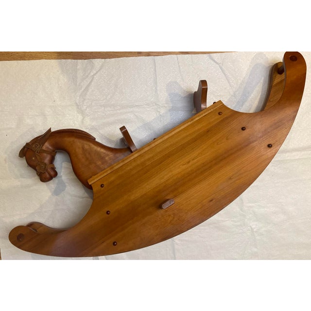 1980s 47” Vintage Handcrafted Rocking Horse Solid Cherry Wood,with Leather Bridle and Ears, Carved Mane For Sale - Image 5 of 10