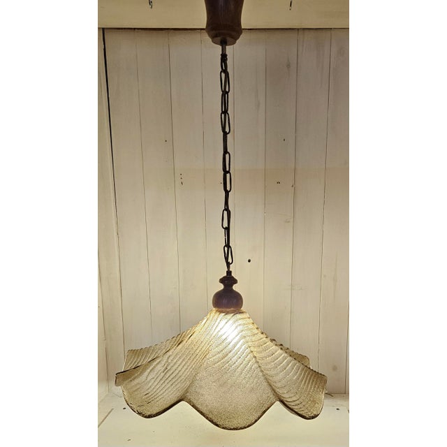 Vintage Ceiling Lamp with Relief Glass Shade on Oak Wood Mount and Brass Chain, 1970s For Sale - Image 9 of 9