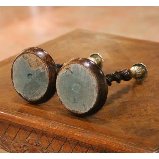 Brass Pair of Early 20th Century English Oak and Brass Barley Twist Candlesticks For Sale - Image 8 of 8