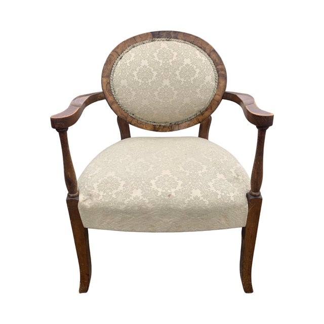 1920s Art Deco Walnut Spoonback Open Frame Armchair with Cream Damask Upholstery For Sale - Image 5 of 11