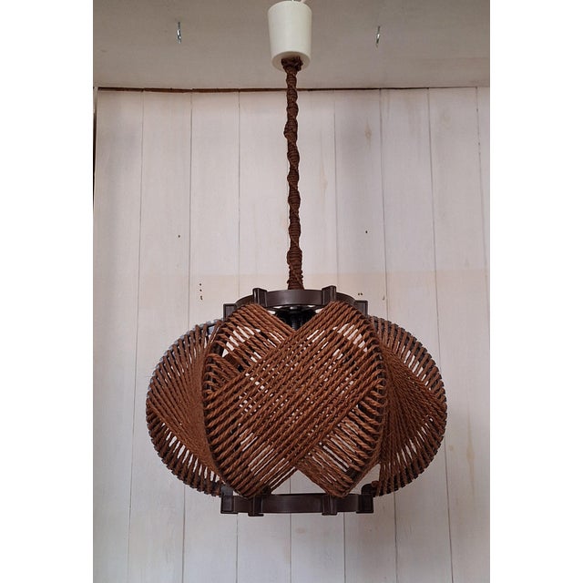 Vintage Ceiling Lamp with Brown Plastic Skeleton and Brown Rope Wrapping, 1970s For Sale - Image 6 of 7