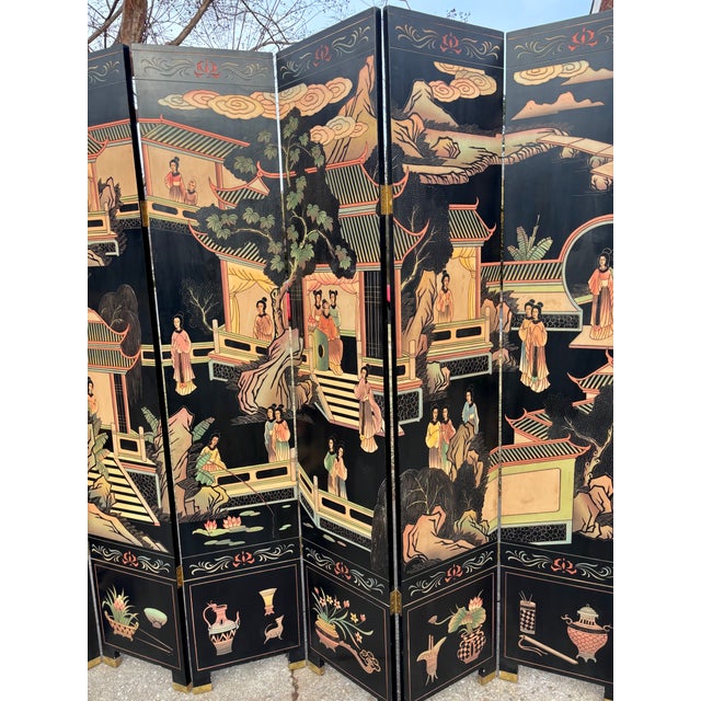 English Mid 20th Century Asian Ebonized Coromandel 8 Panel Room Divider Screen For Sale - Image 3 of 15